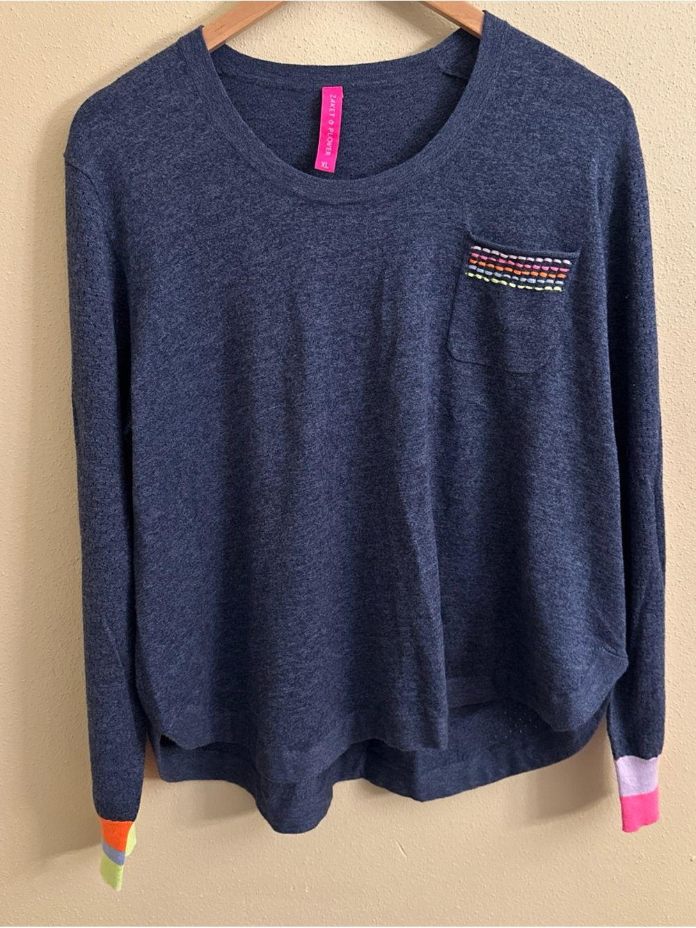 ZAKET‎ & PLOVER Handwork Pocket Sweater Pullover Crew Jumper Cotton Silk Blue XL